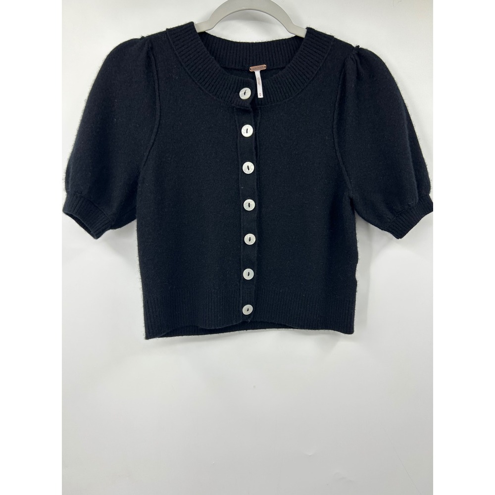 Free People Black Wool Cashmere Puff Sleeve Cropped Cardigan Sweater Size M